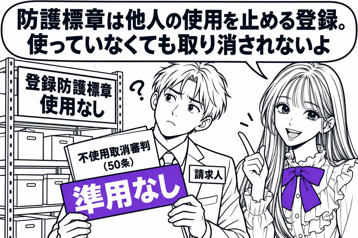 防護標章には使用義務がなく不使用取消審判は準用されないが、更新のたびに著名性と混同のおそれが審査される