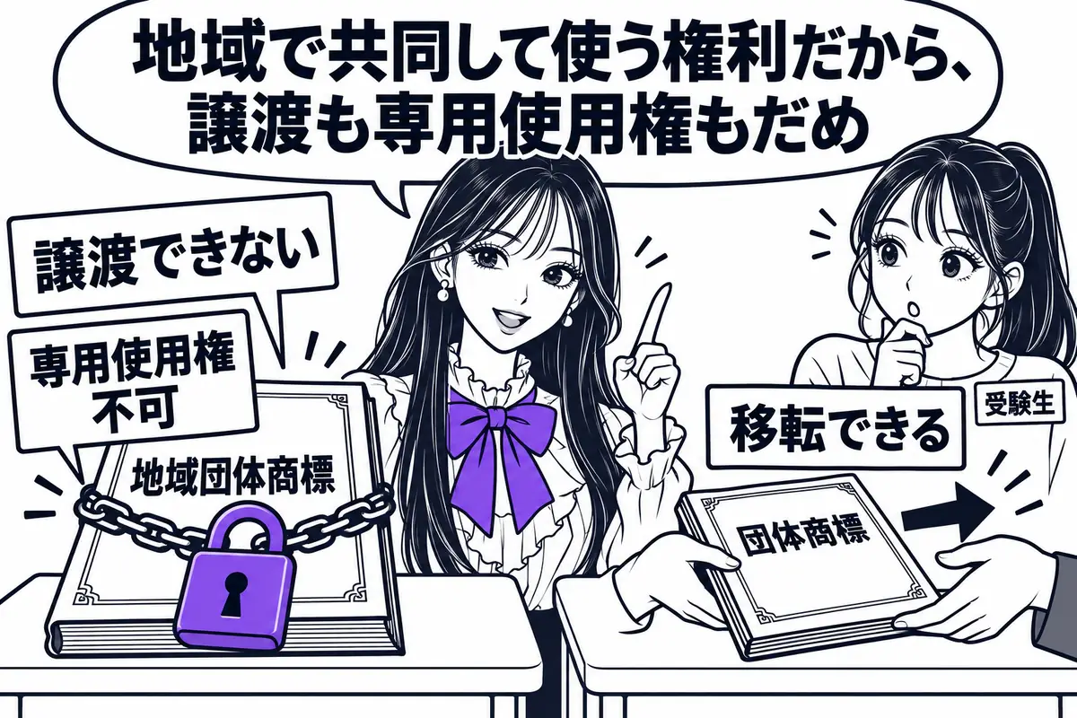 地域団体商標の商標権は譲渡できず専用使用権も設定できないが、団体商標の商標権は移転できる