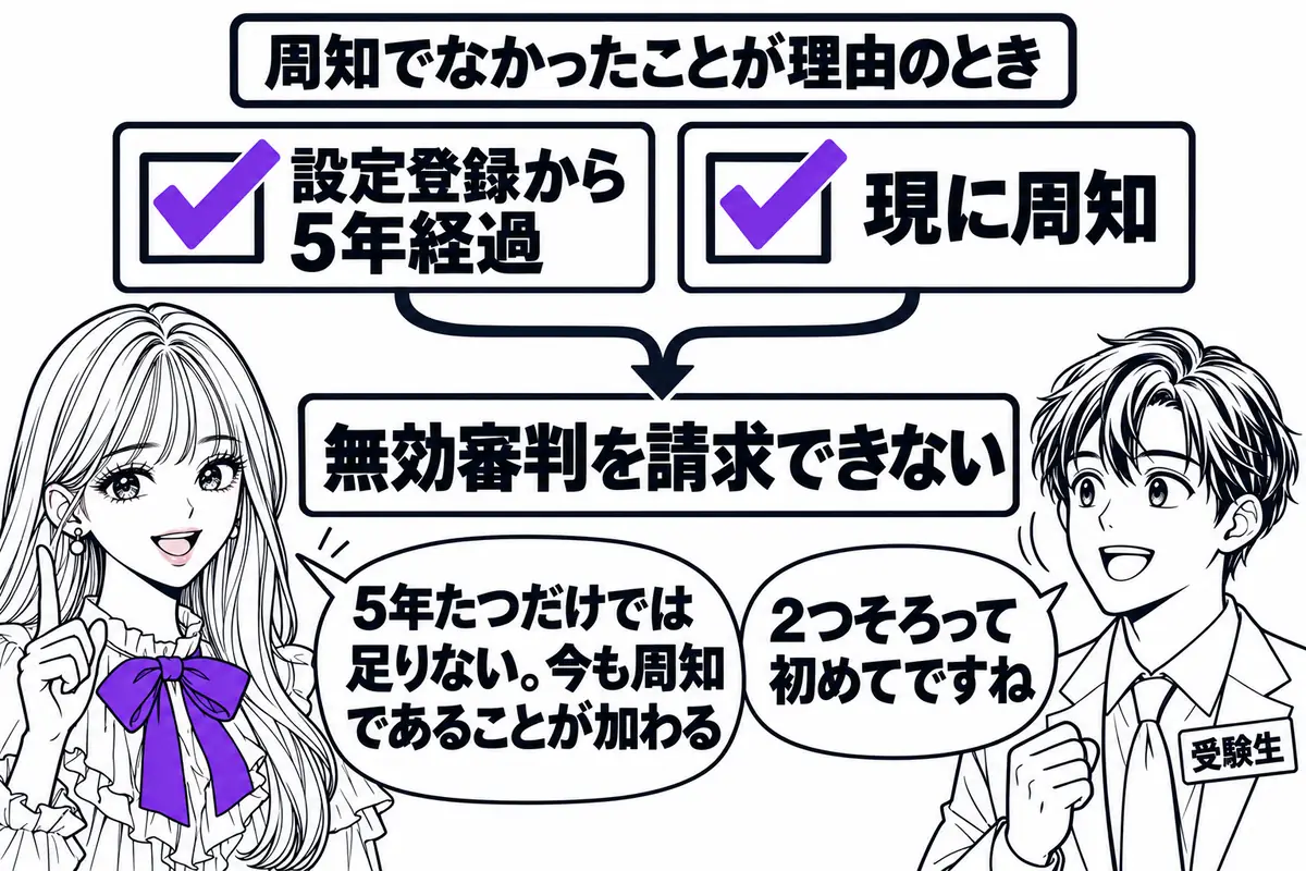 周知でなかったことを理由とする無効審判は、設定登録から5年を経過し、かつ現に周知であれば請求できない
