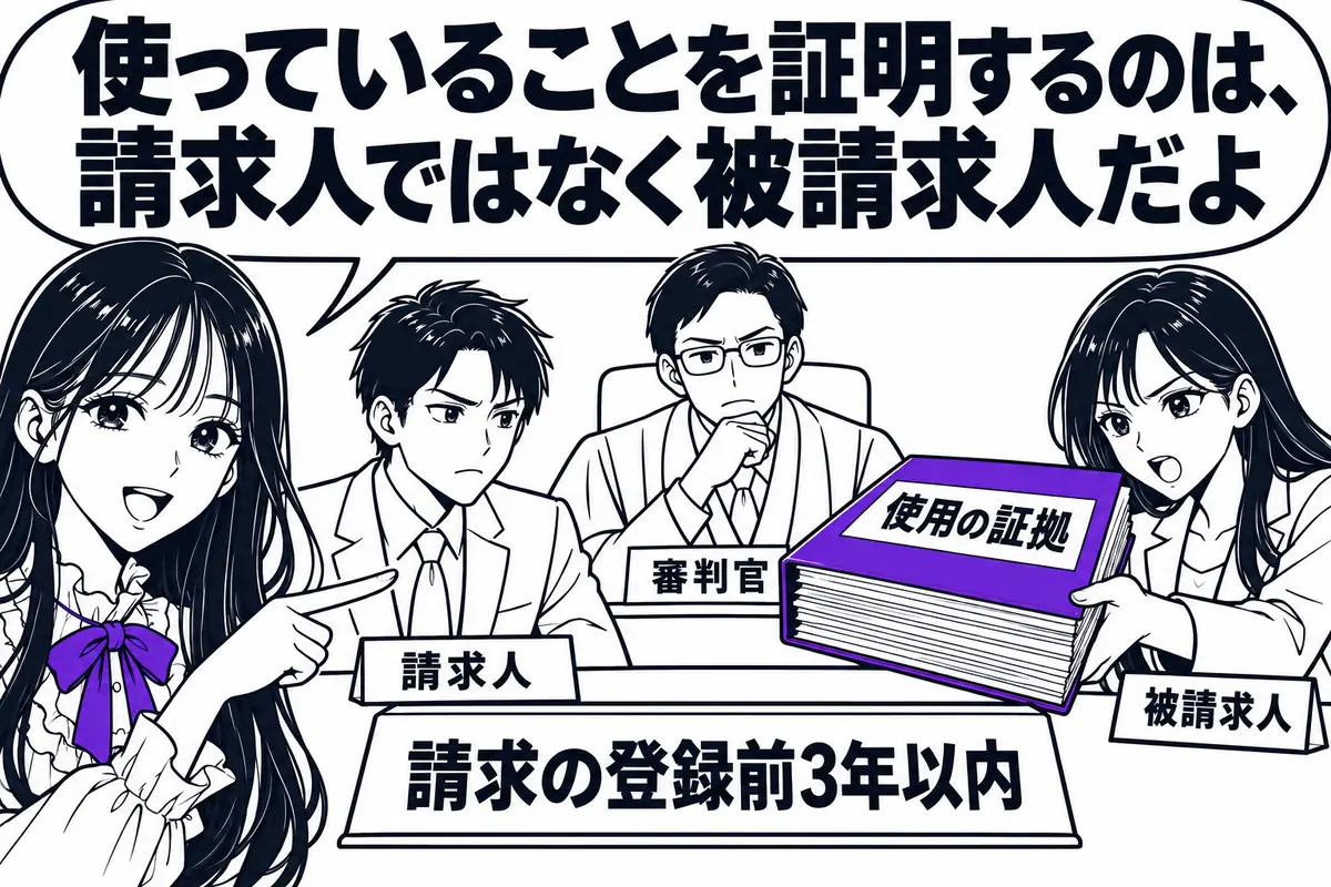 請求の登録前3年以内に使用していたことは、請求人ではなく被請求人が証明する