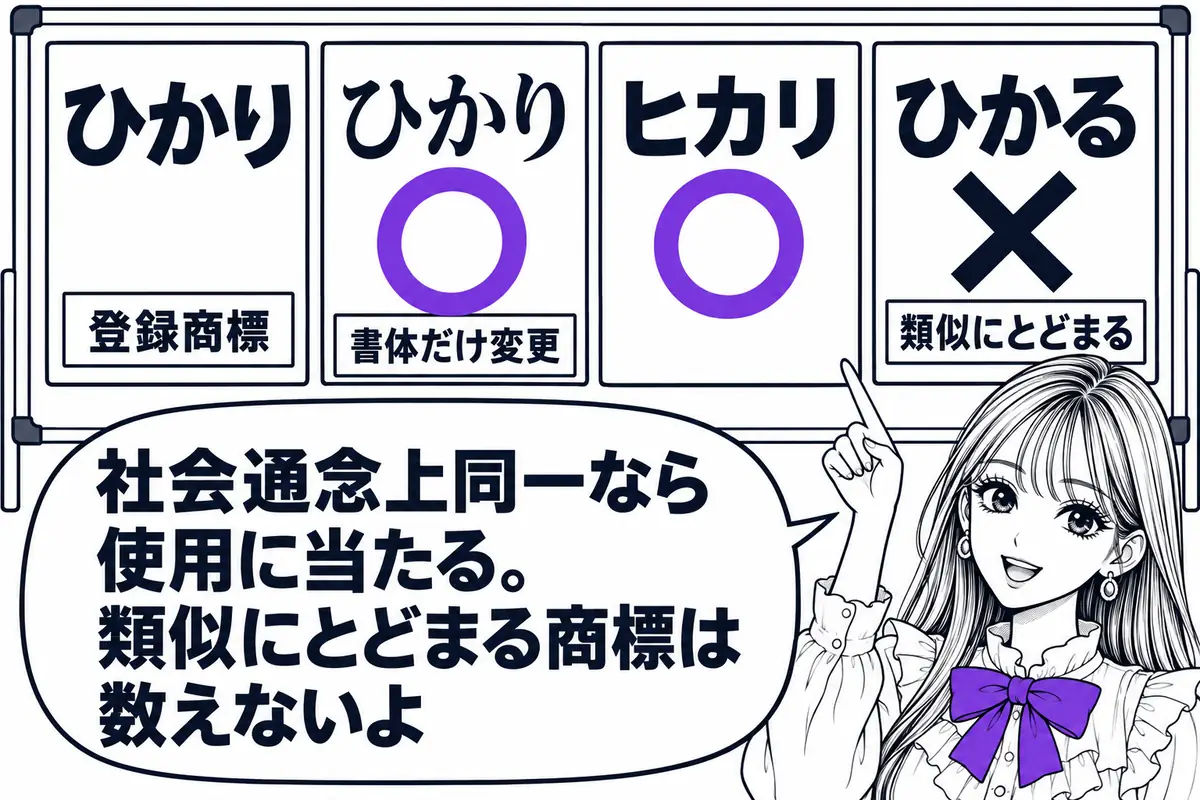 社会通念上同一の商標の使用は登録商標の使用に当たるが、類似するにとどまる商標の使用は当たらない