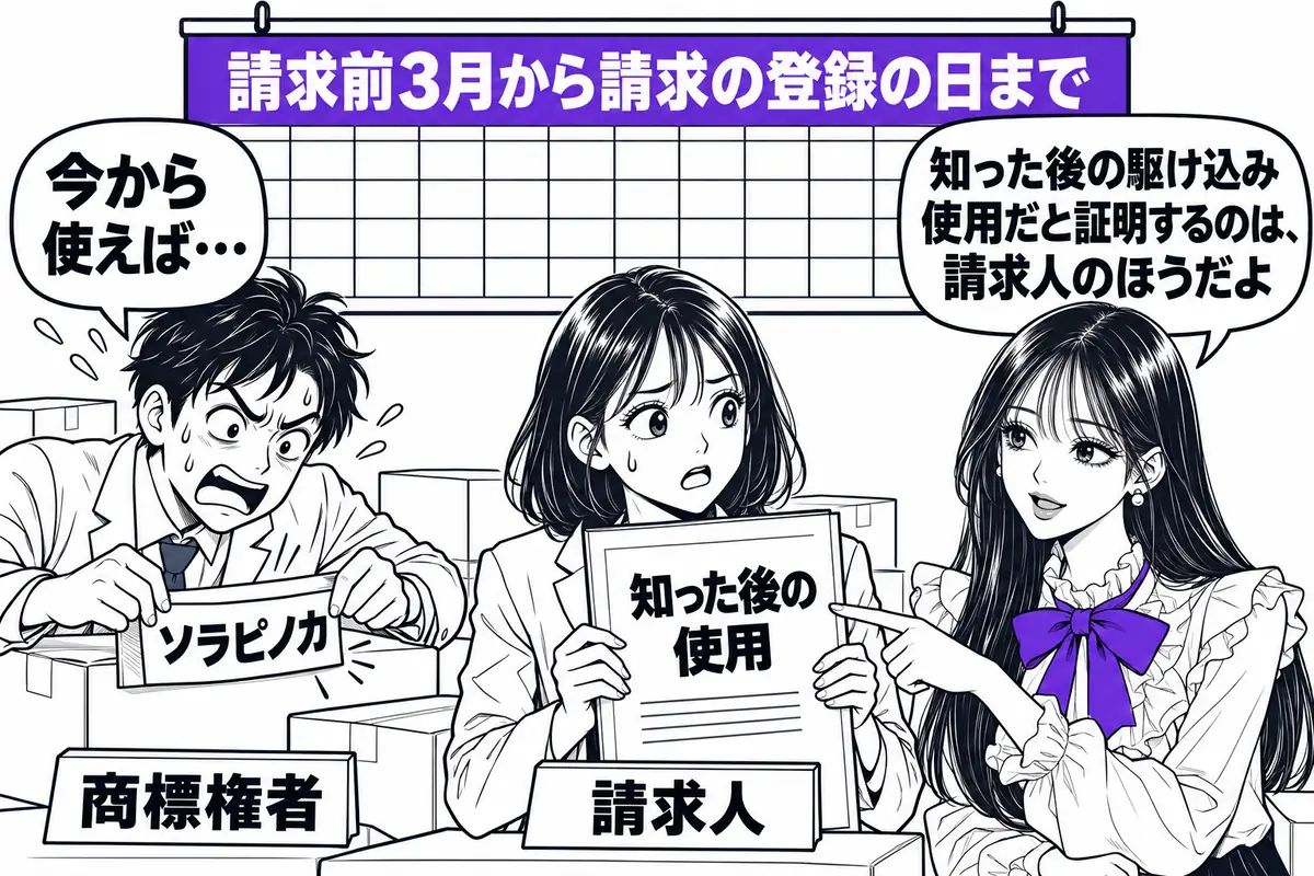 請求前3月から請求の登録の日までの駆け込み使用は、請求を知った後の使用だと請求人が証明すれば使用に当たらない