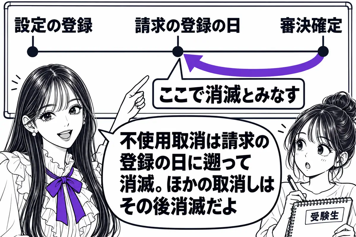 不使用取消の審決が確定すると、商標権は審判の請求の登録の日に消滅したものとみなされる
