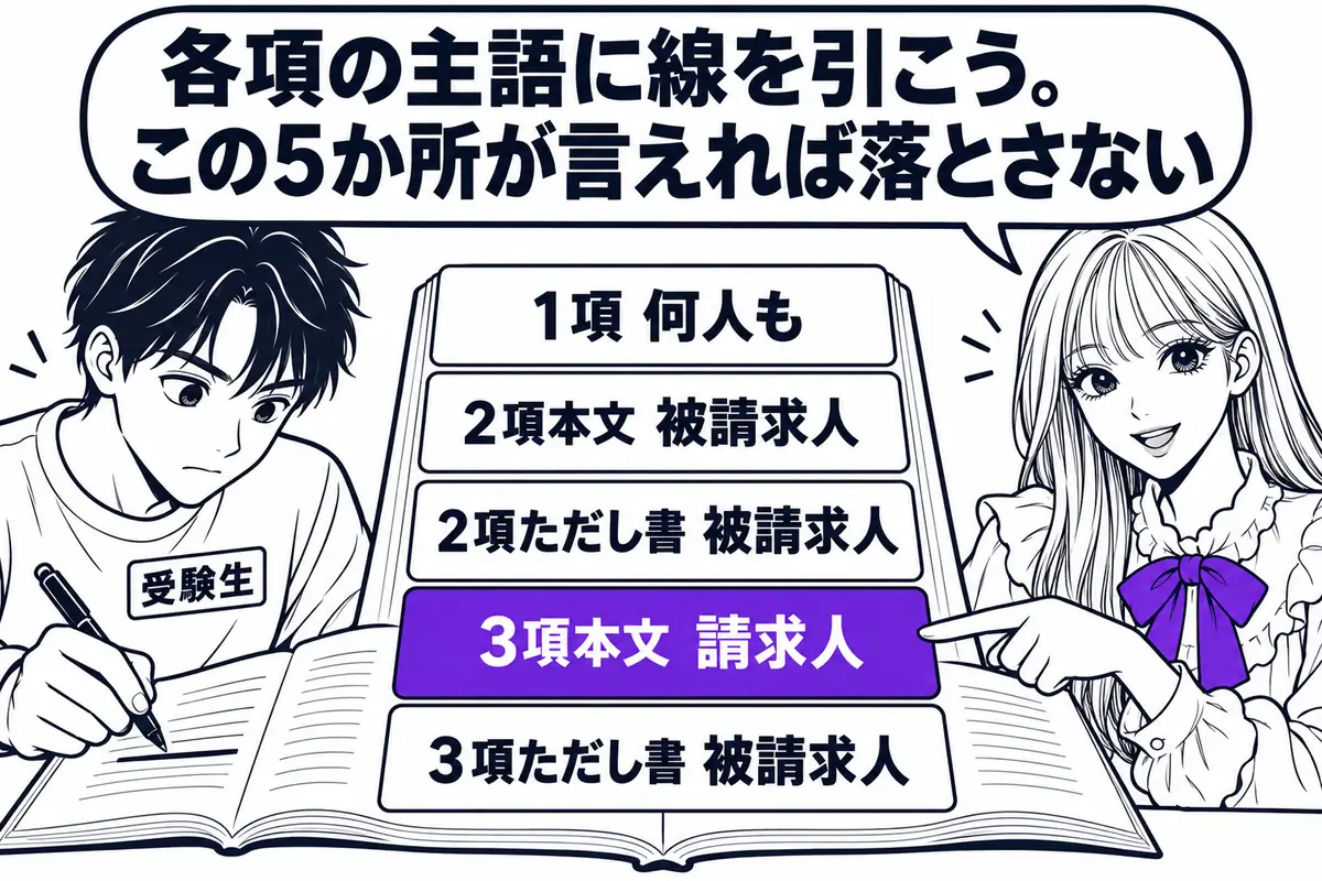 50条は各項の主語に線を引き、1項は何人も、3項本文は請求人、2項本文・ただし書と3項ただし書は被請求人と押さえる