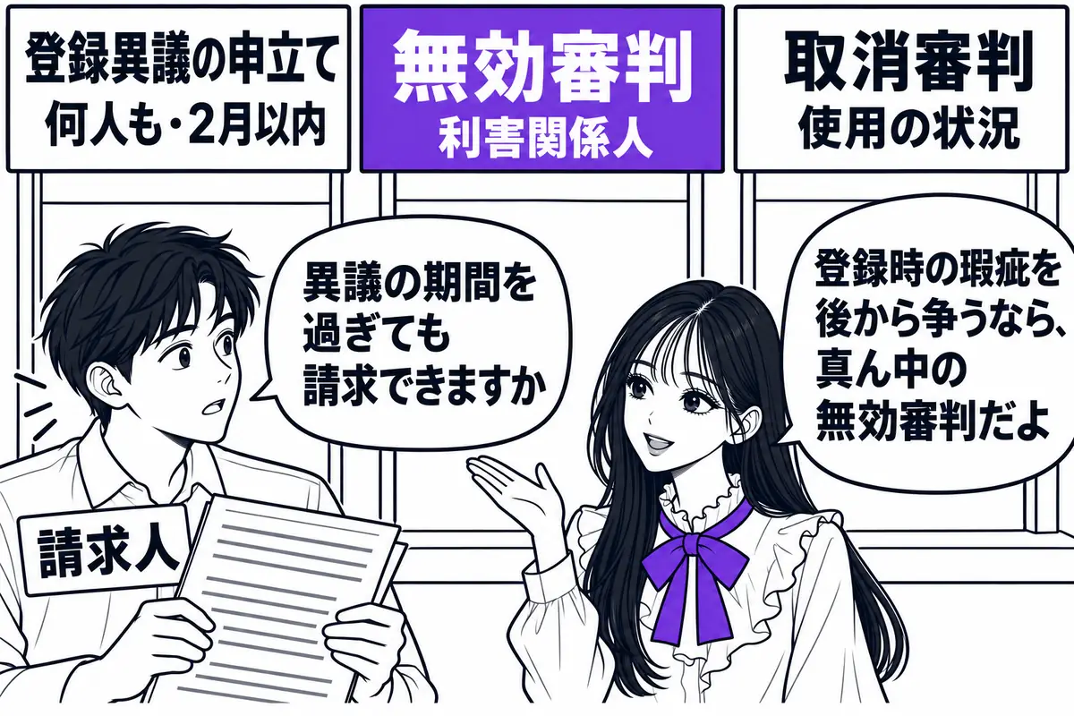 商標登録を争う手段は、登録異議の申立て、無効審判、取消審判の3つで、役割が違う