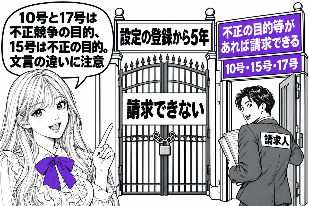 4条1項10号・15号・17号違反は除斥期間の対象だが、不正の目的等で登録を受けた場合は5年後も請求できる