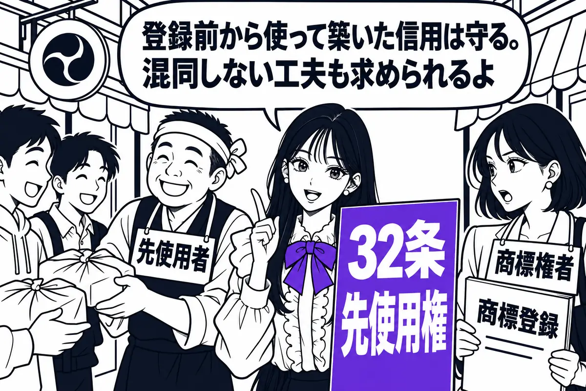 先使用権は登録前からの使用で築いた信用を守り、商標権者には混同を防ぐ表示を求める権利を与えて両者を調整する