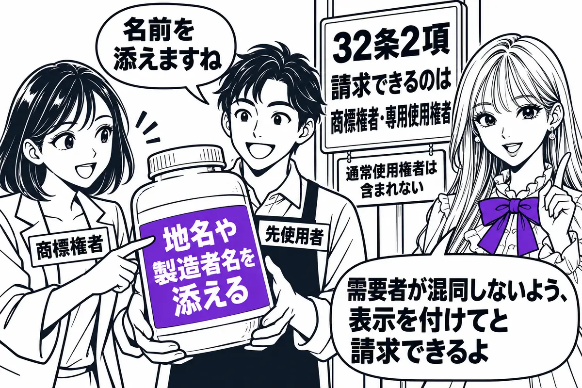 商標権者と専用使用権者は、先使用権者に混同を防ぐのに適当な表示を付けるよう請求でき、通常使用権者は請求できない