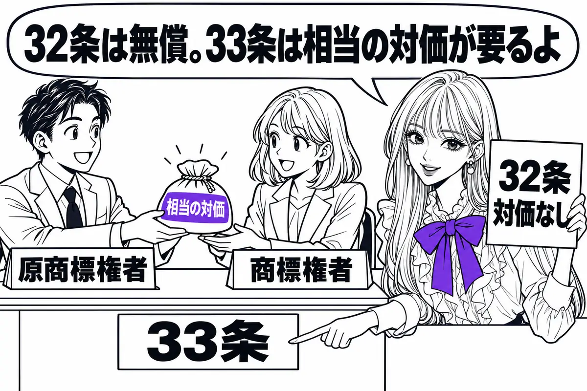 32条の先使用権は無償だが、33条の使用権では商標権者が相当の対価を受ける
