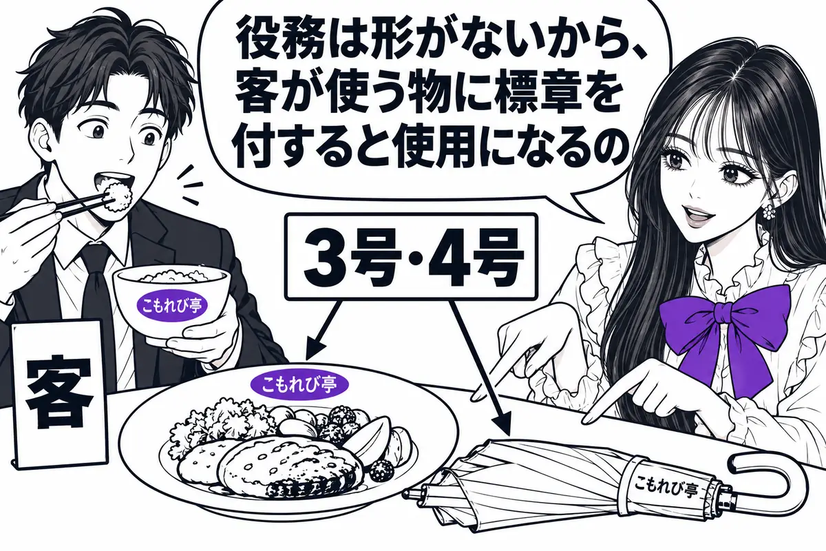 形のない役務では、客が使う食器や貸し出す傘など、役務の提供を受ける者が利用する物に標章を付する行為が使用になる