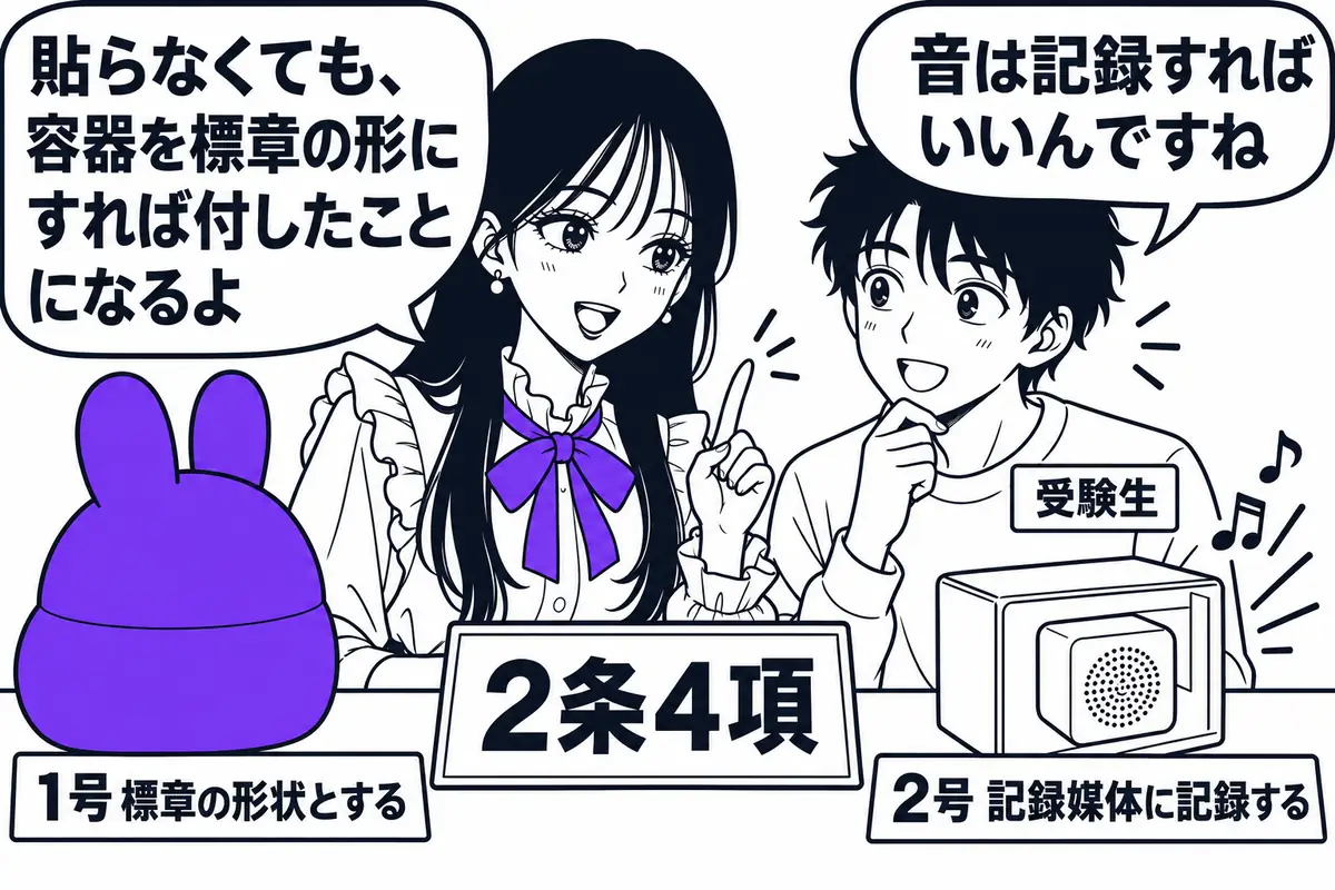 商品の容器そのものを立体的形状の標章の形にすることや、記録媒体に音を記録することも「付する」に当たる