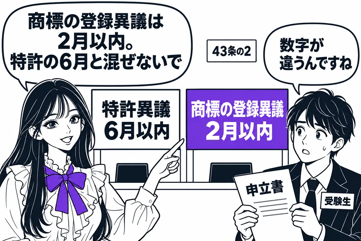 登録異議の申立ては、特許は掲載公報の発行日から6月以内、商標は2月以内と期間が違う