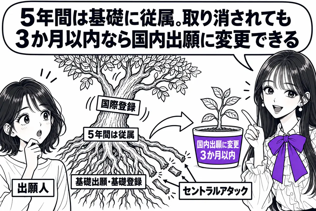 国際登録は国際登録の日から5年間は基礎出願・基礎登録に従属し、取り消されたら3か月以内に国内出願へ変更できる