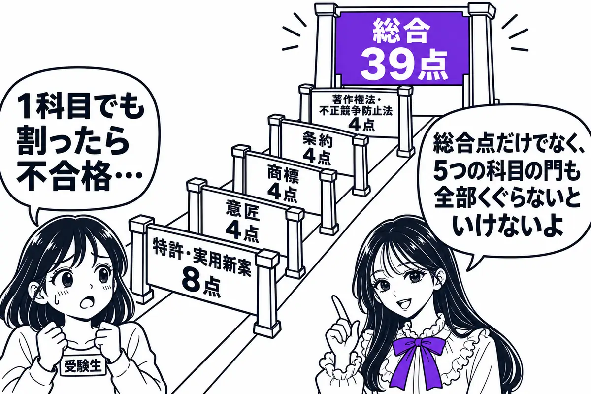 短答式は総合39点以上に加えて、各科目で満点の40%以上を取る必要がある