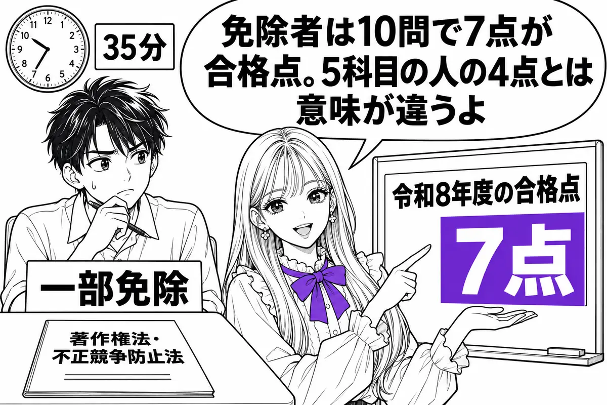 工業所有権に関する科目の免除者は著作権法・不正競争防止法だけを35分で受け、免除者用の合格点で判定される