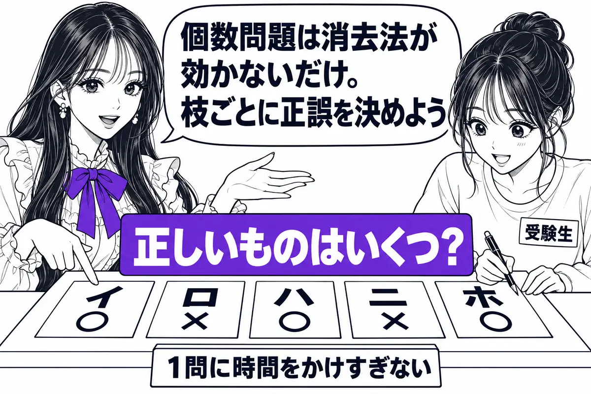 個数問題は5つの枝すべての正誤判断が必要なので、日頃から枝単位で判断する練習をする