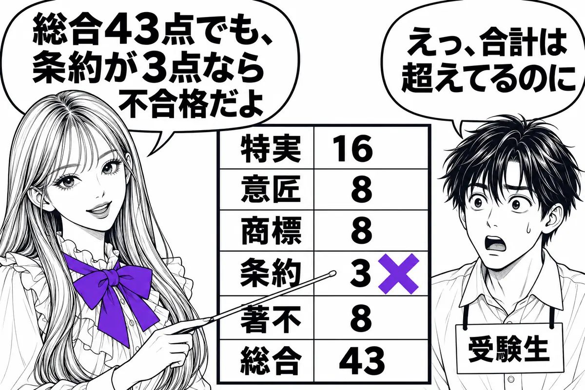 総合43点を取っても、条約が3点なら足切りで不合格になる
