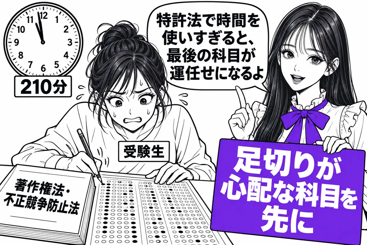 特許法で時間を使いすぎると、最後に回した科目を読まずにマークすることになり足切りにつながる
