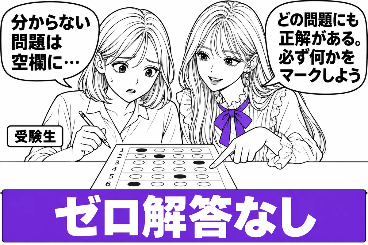 ゼロ解答はなく空欄は確実に0点なので、どんなに迷った問題でも何かをマークして終える
