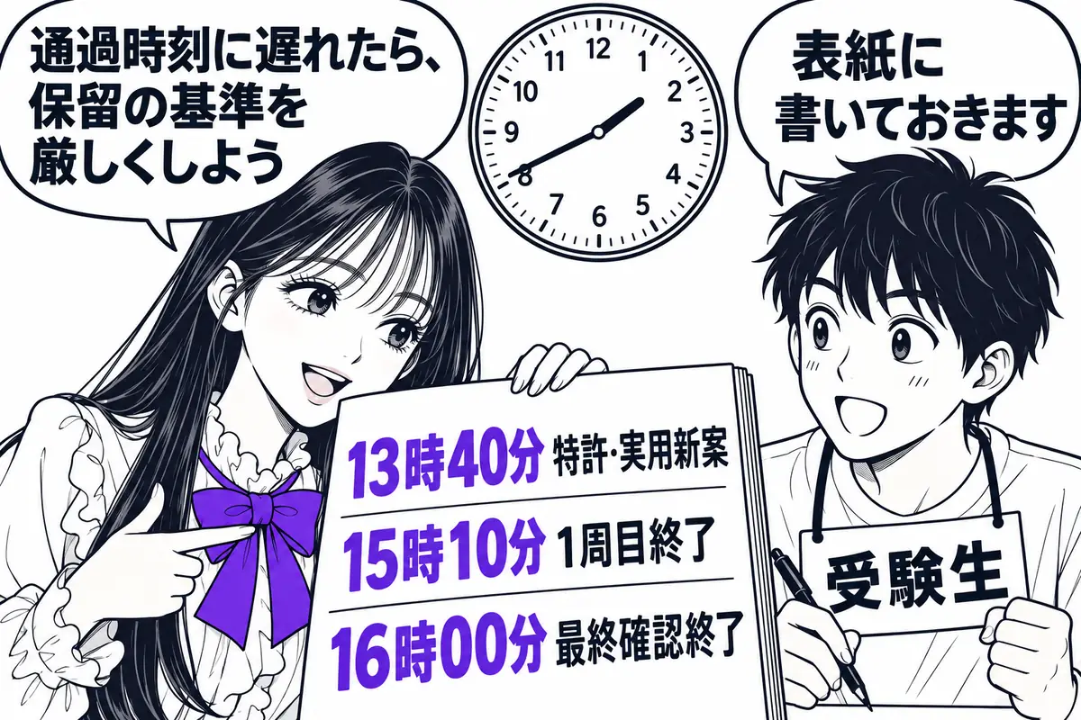 何時何分までにどこまで進むかの通過時刻を事前に決め、問題冊子の表紙に書いておく