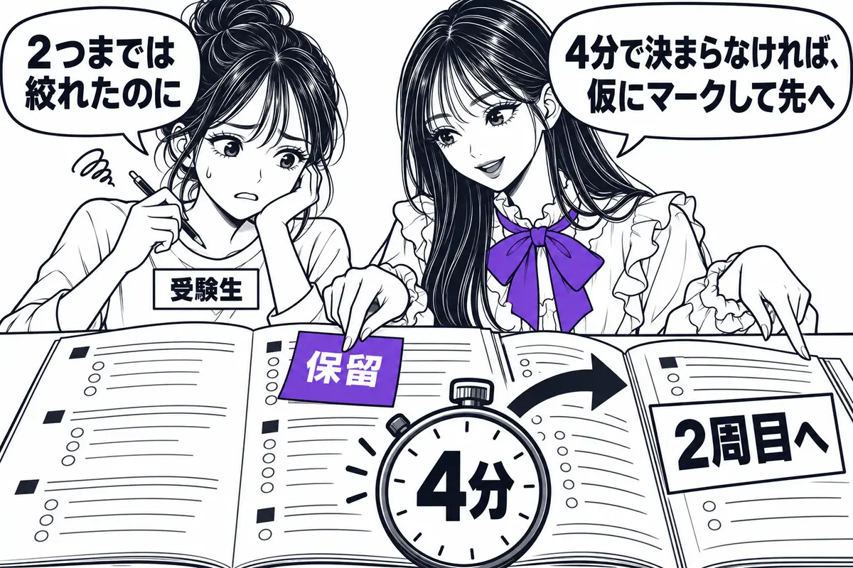 4分考えても答えが絞れない問題は仮の答えをマークして印を付け、2周目に回す