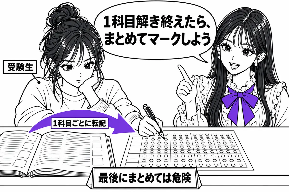 マークは問題冊子の余白に答えを大きく書き、1科目を解き終えるたびにまとめて転記する