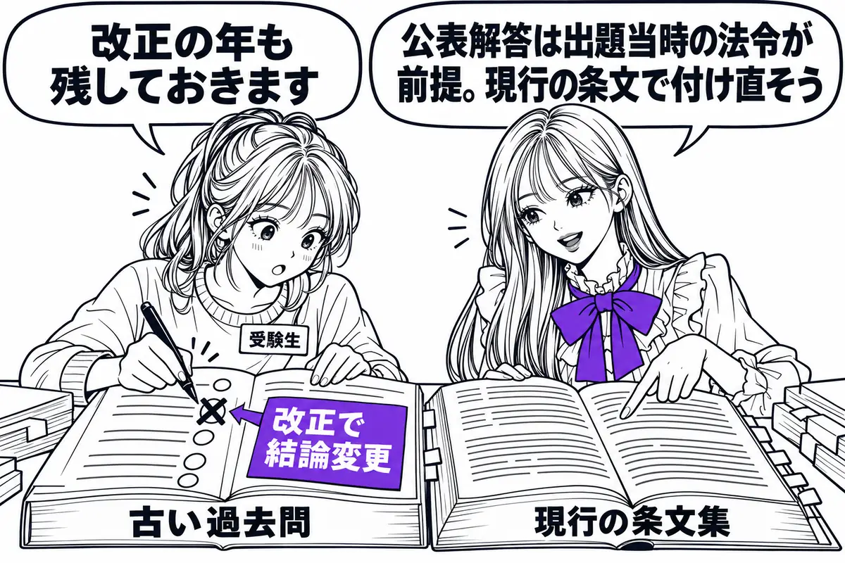 公表解答は出題年度の法令が前提なので、改正で結論が変わった枝は現行の条文で解き直して正誤を付け直す