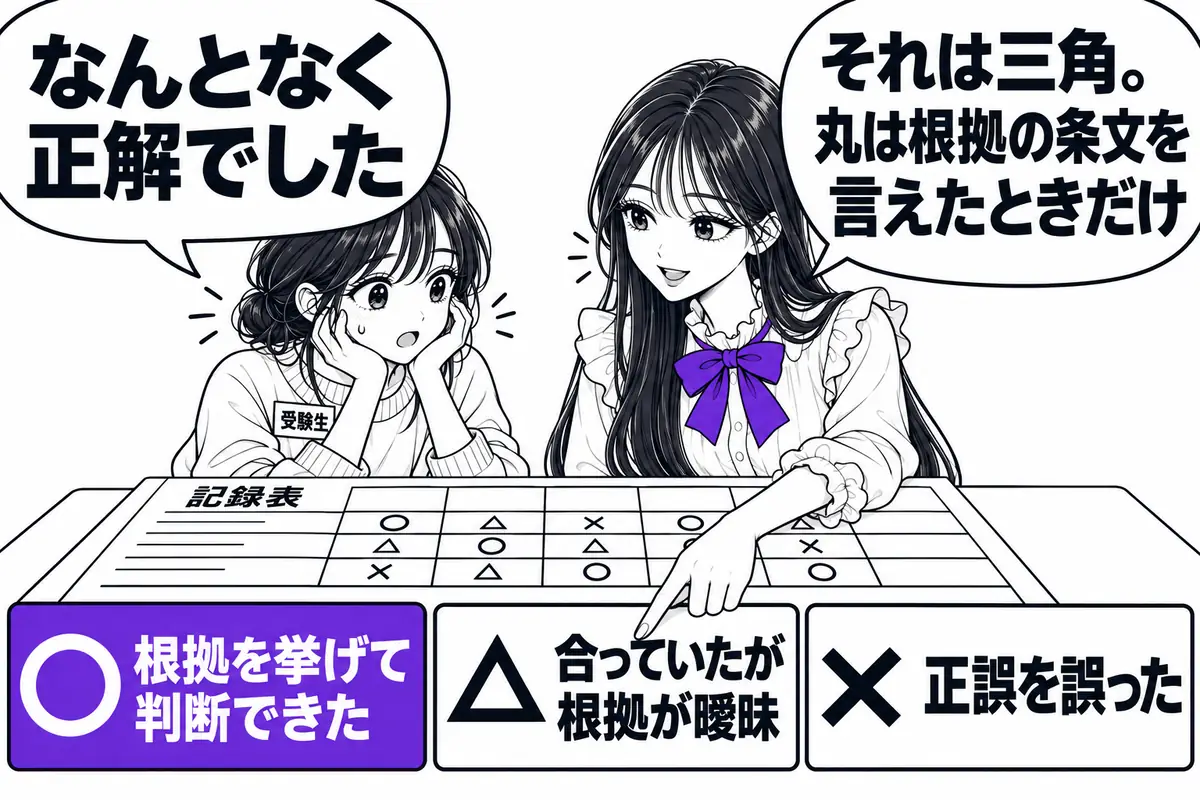 丸を付けるのは根拠を挙げて正誤を判断できた枝だけで、なんとなく正解した枝は三角にする
