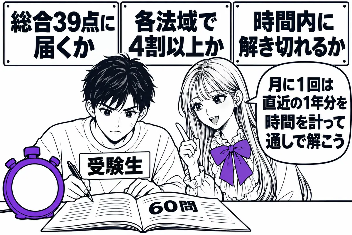 月に1回は直近の本試験1年分を時間を計って通しで解き、総合点・法域別の足切り・時間を確かめる