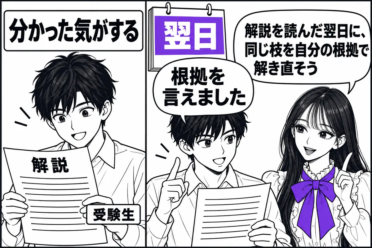 解説を読んで分かった気になるのではなく、翌日に同じ枝を解き直して根拠を自分で言えるか確かめる