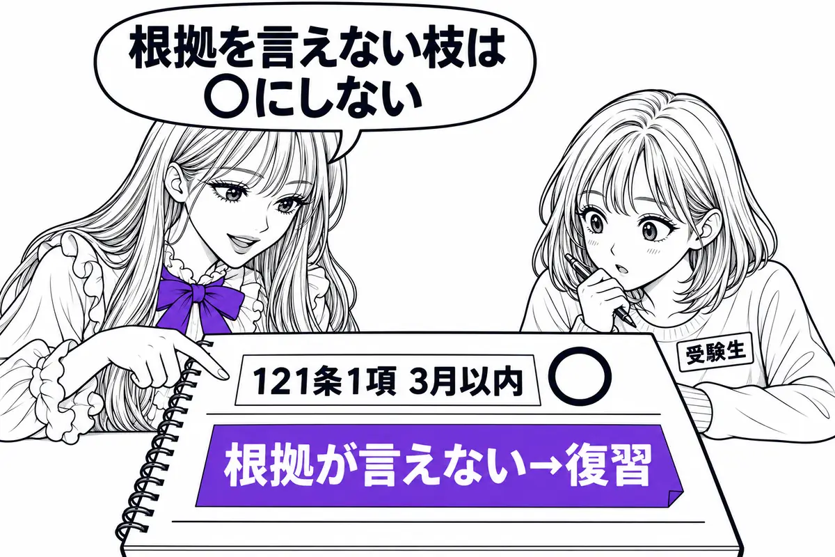 演習では正誤が合っていても根拠が言えなかった枝は○にせず、条文番号などの根拠を言えて初めて○にする