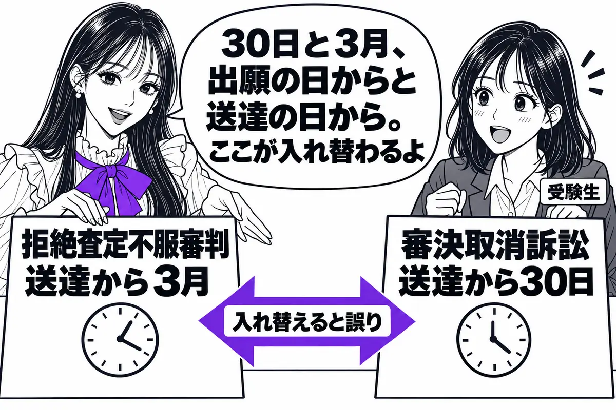 拒絶査定不服審判は送達から3月、審決取消訴訟は送達から30日で、期間や起算点を入れ替えるだけで正誤が反転する