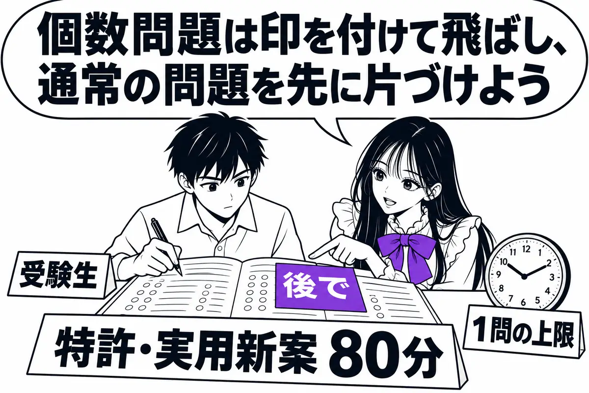 特許・実用新案の80分の中で、通常の問題を先に片づけて時間を作り、個数問題は1問の上限を決めて解く