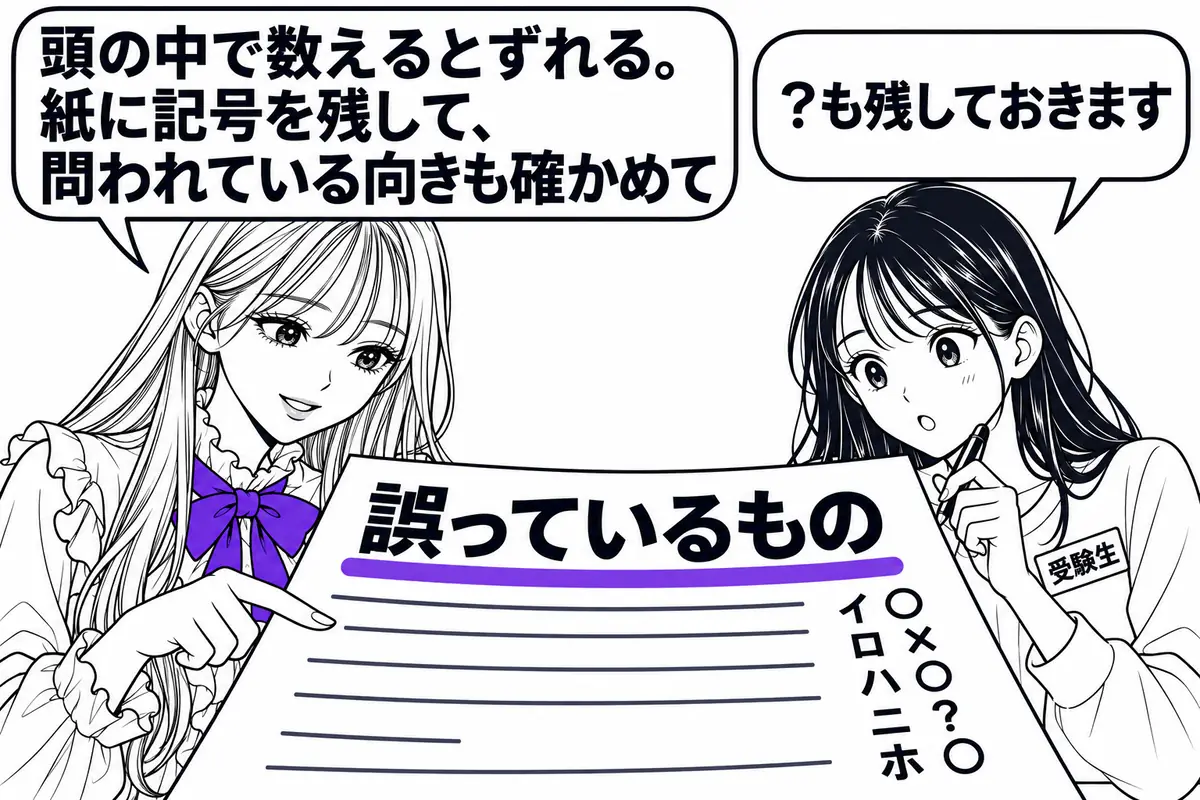 5枝の○×は頭の中で数えず、問題用紙に記号で残し、問われている向きも確かめてから数える