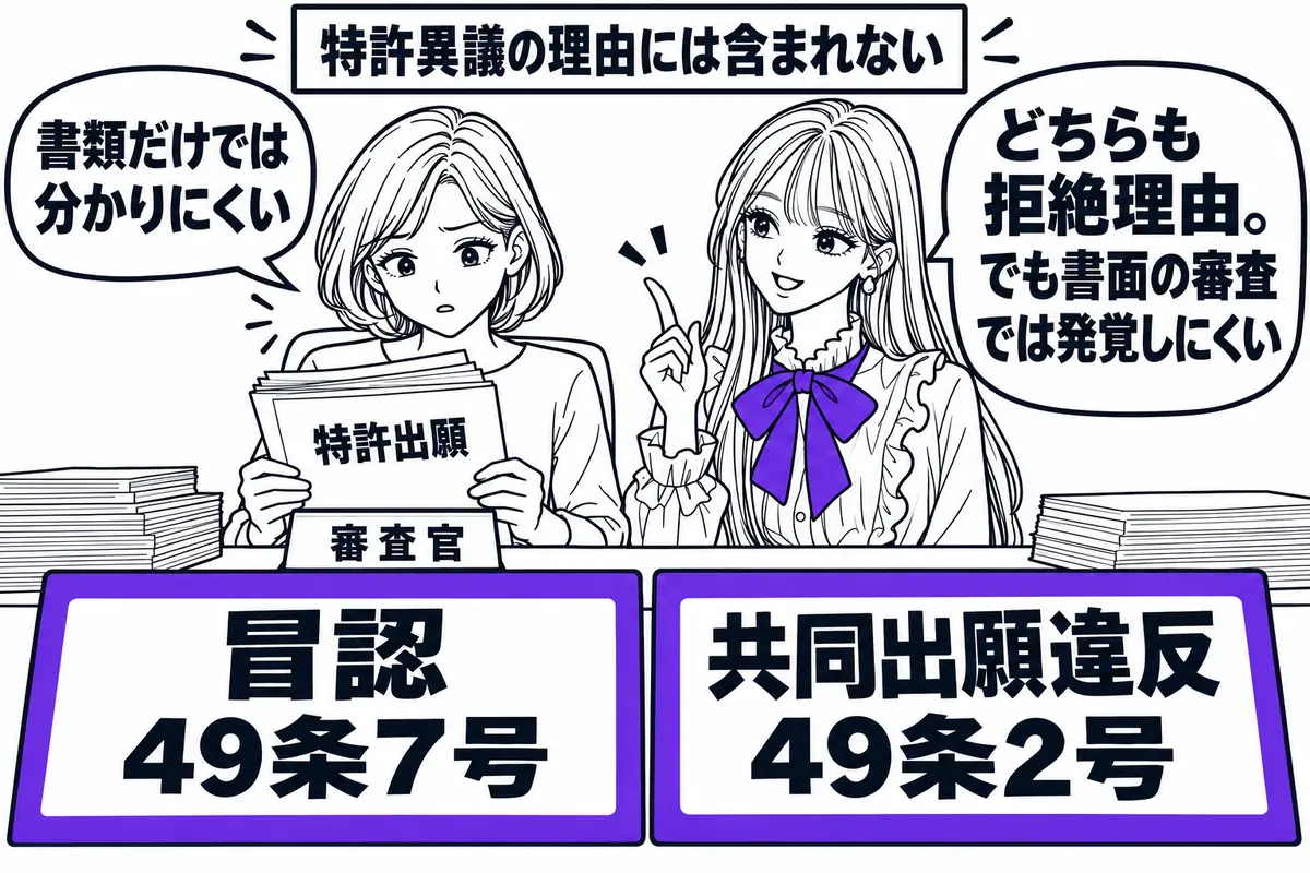 冒認出願は49条7号、共同出願違反は49条2号の拒絶理由になるが、特許異議の申立ての理由にはならない