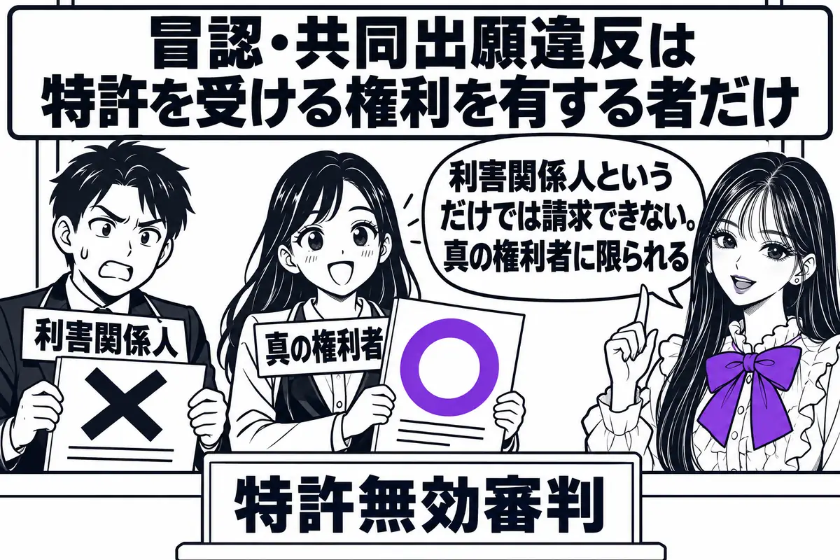 冒認や共同出願違反を理由とする特許無効審判は、特許を受ける権利を有する者に限り請求できる