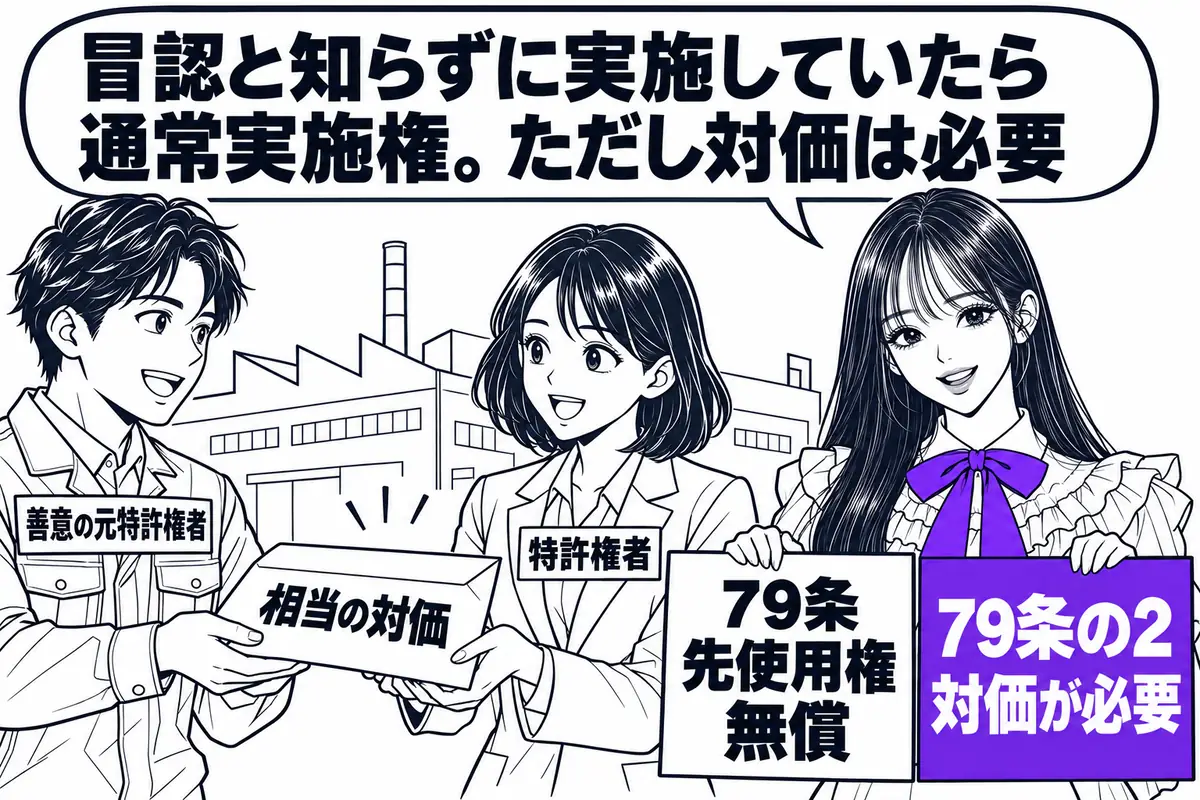冒認の特許の移転登録前に善意で実施していた元の特許権者等は、相当の対価を支払って通常実施権を持つ