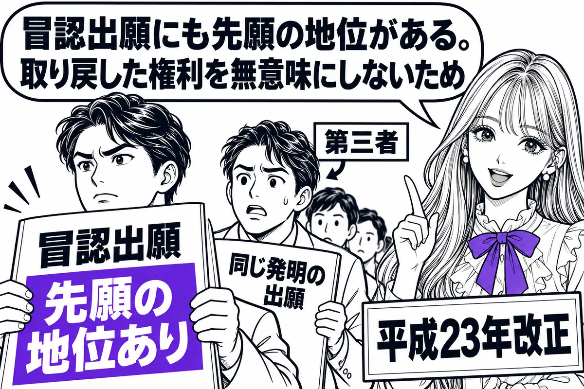 平成23年改正で冒認出願にも先願の地位が認められ、その間に第三者が同じ発明で特許を取れないようになった