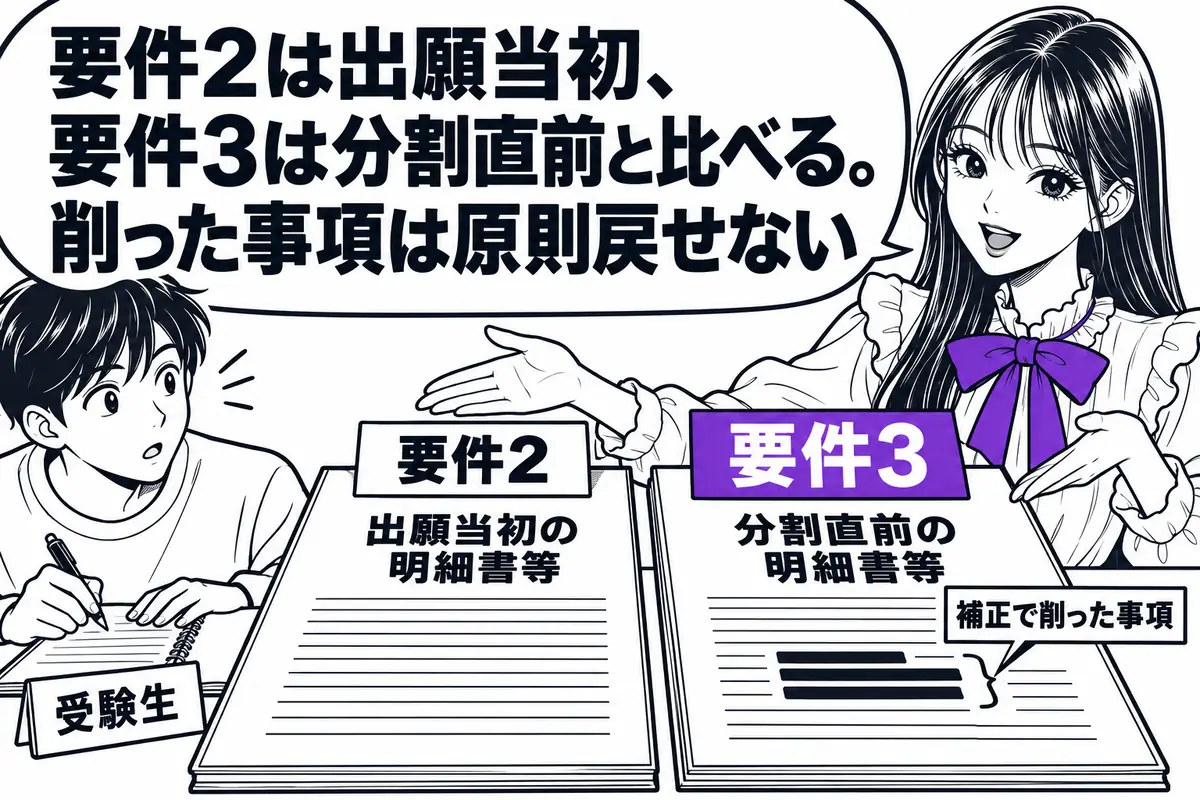 要件2は出願当初、要件3は分割直前の明細書等と比べるので、補正で削った事項は原則として分割出願に取り込めない