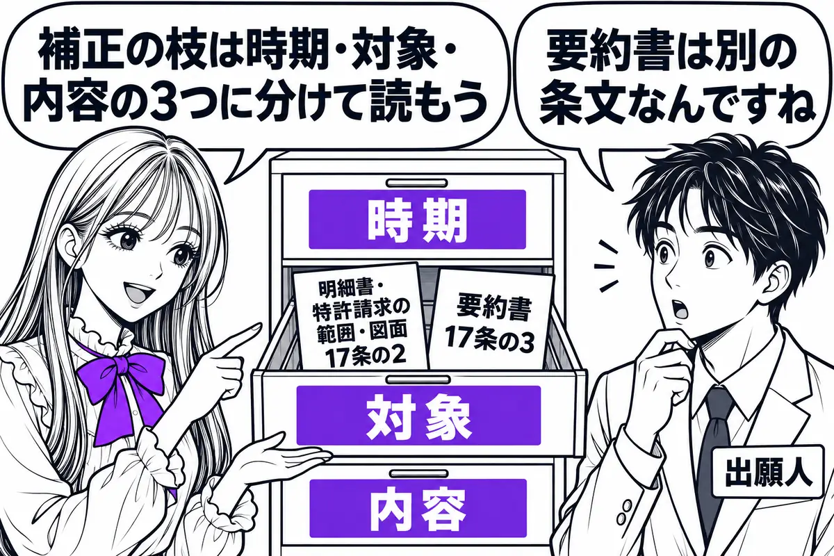 補正は時期・対象・内容の3軸で読み、明細書等は17条の2、要約書は17条の3と対象で条文が分かれる