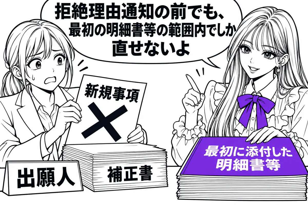 新規事項の追加禁止は、拒絶理由通知の前の補正にもかかる最も基本的な制限