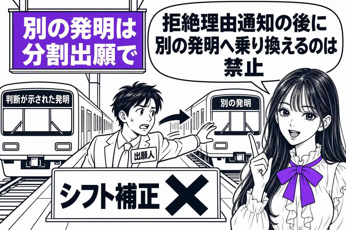 拒絶理由通知の後は、審査で判断が示された発明と単一性を満たさない別の発明へ乗り換える補正はできない