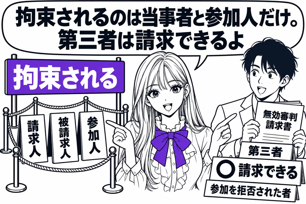 拘束されるのは無効審判の当事者と参加人だけで、審判に関与しなかった第三者は同じ事実と証拠で請求できる