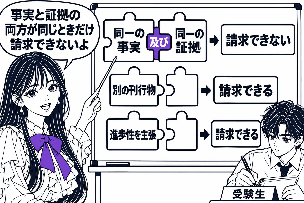 請求が禁止されるのは事実と証拠の両方が同一のときだけで、別の刊行物や別の無効理由なら請求できる