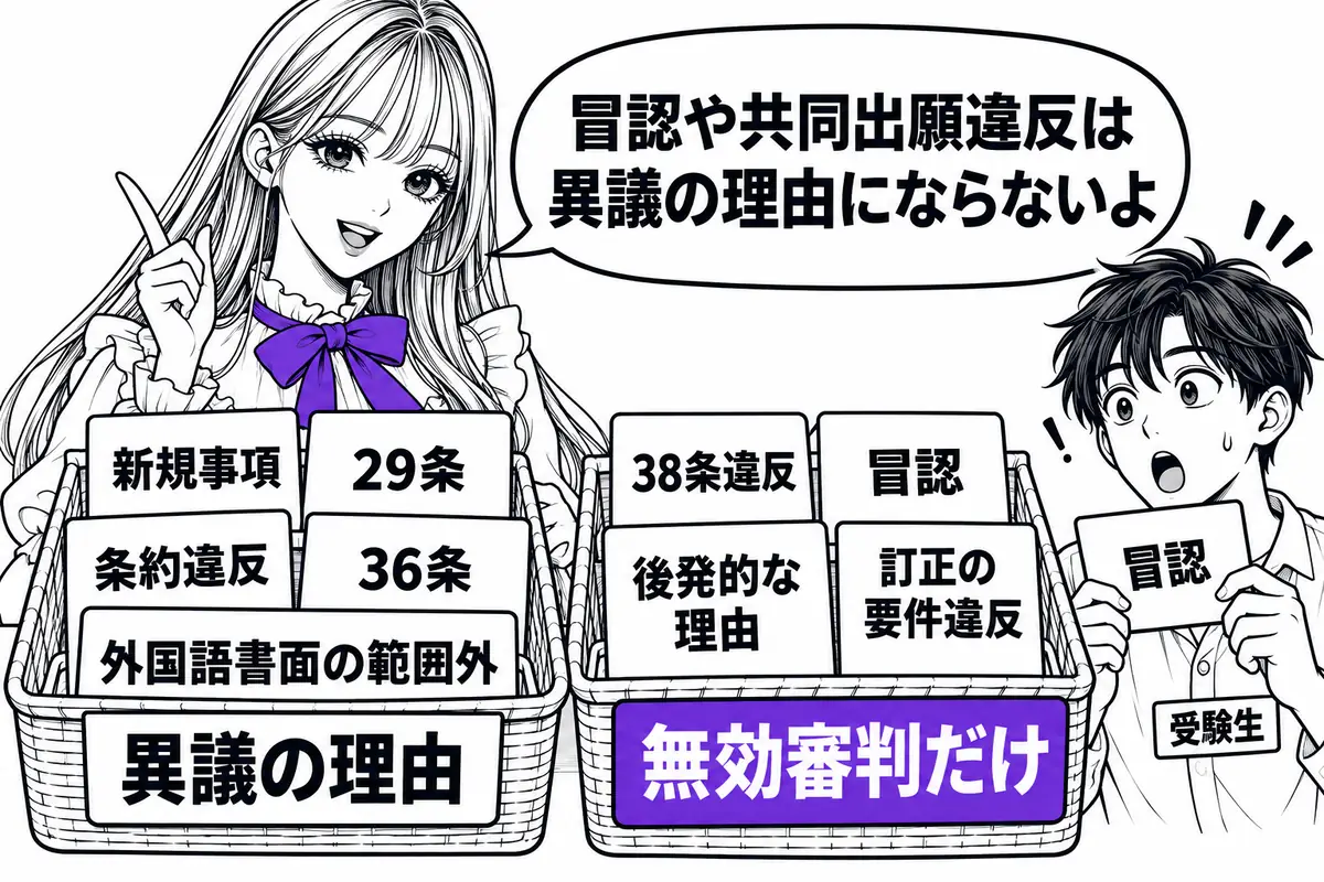 共同出願違反や冒認、特許後に生じた理由、訂正要件違反は、無効理由にはあるが異議の理由にはならない