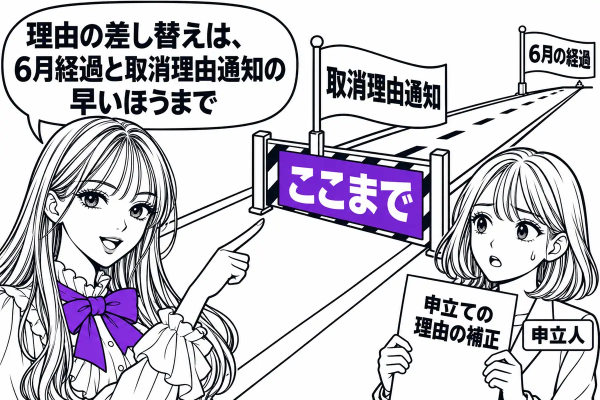 申立ての理由と証拠の要旨を変える補正は、6月の経過時と取消理由通知時のいずれか早い時までしかできない
