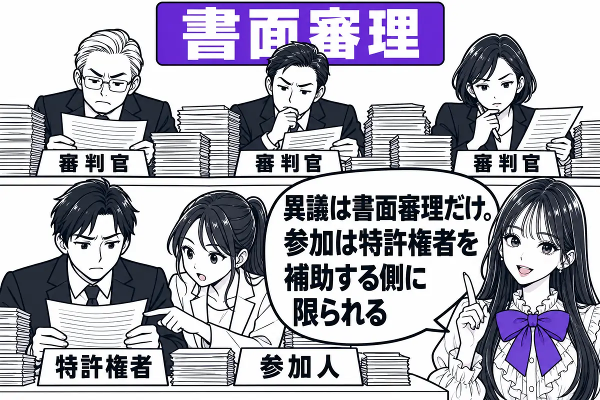 異議の審理は書面審理だけで、参加できるのは特許権者を補助する側に限られる