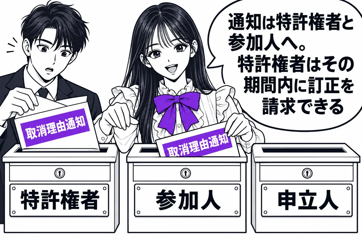 取消理由は特許権者と参加人に通知され、申立人は通知の相手に含まれない