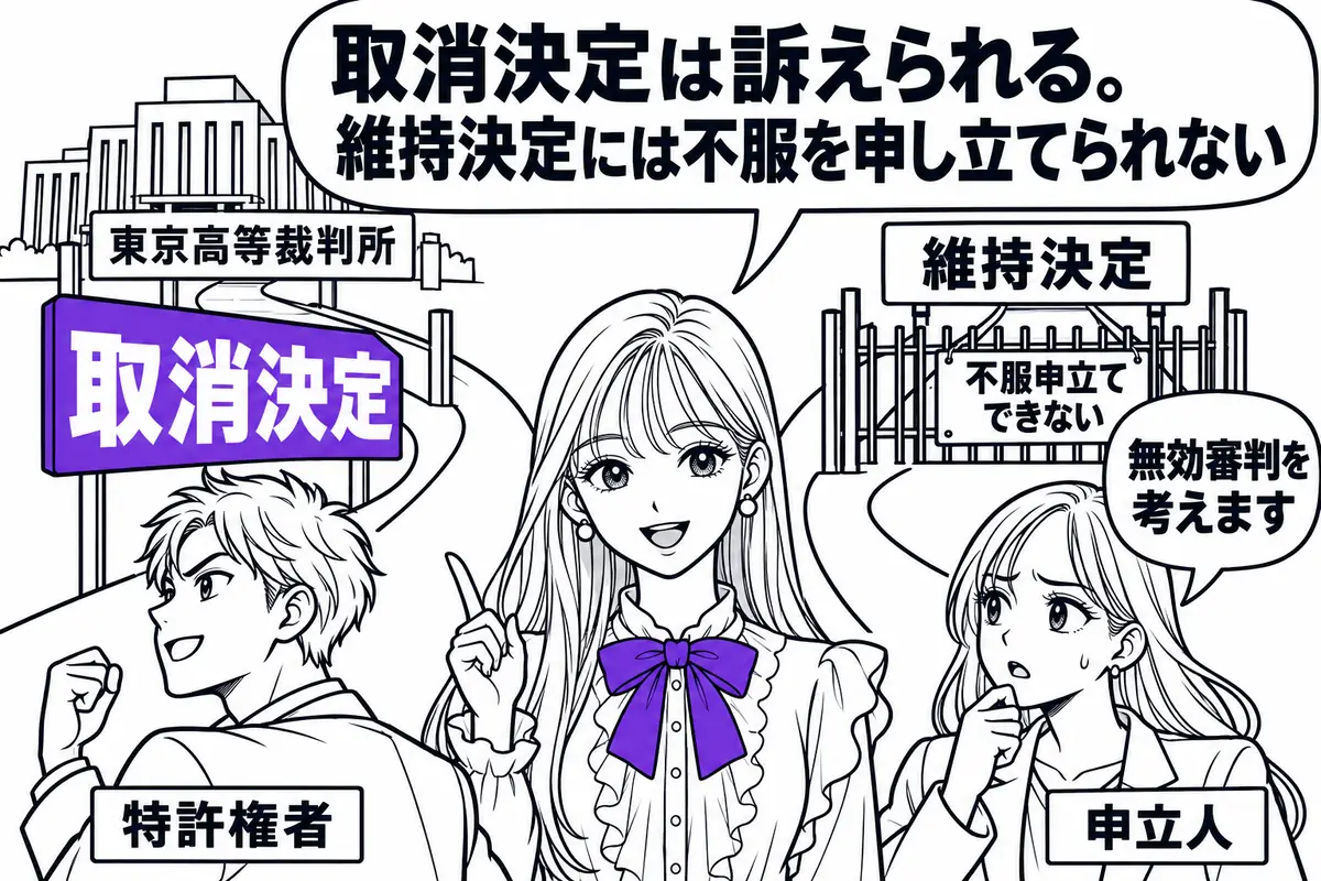 取消決定には特許権者が東京高等裁判所に訴えられるが、維持決定には不服を申し立てられない