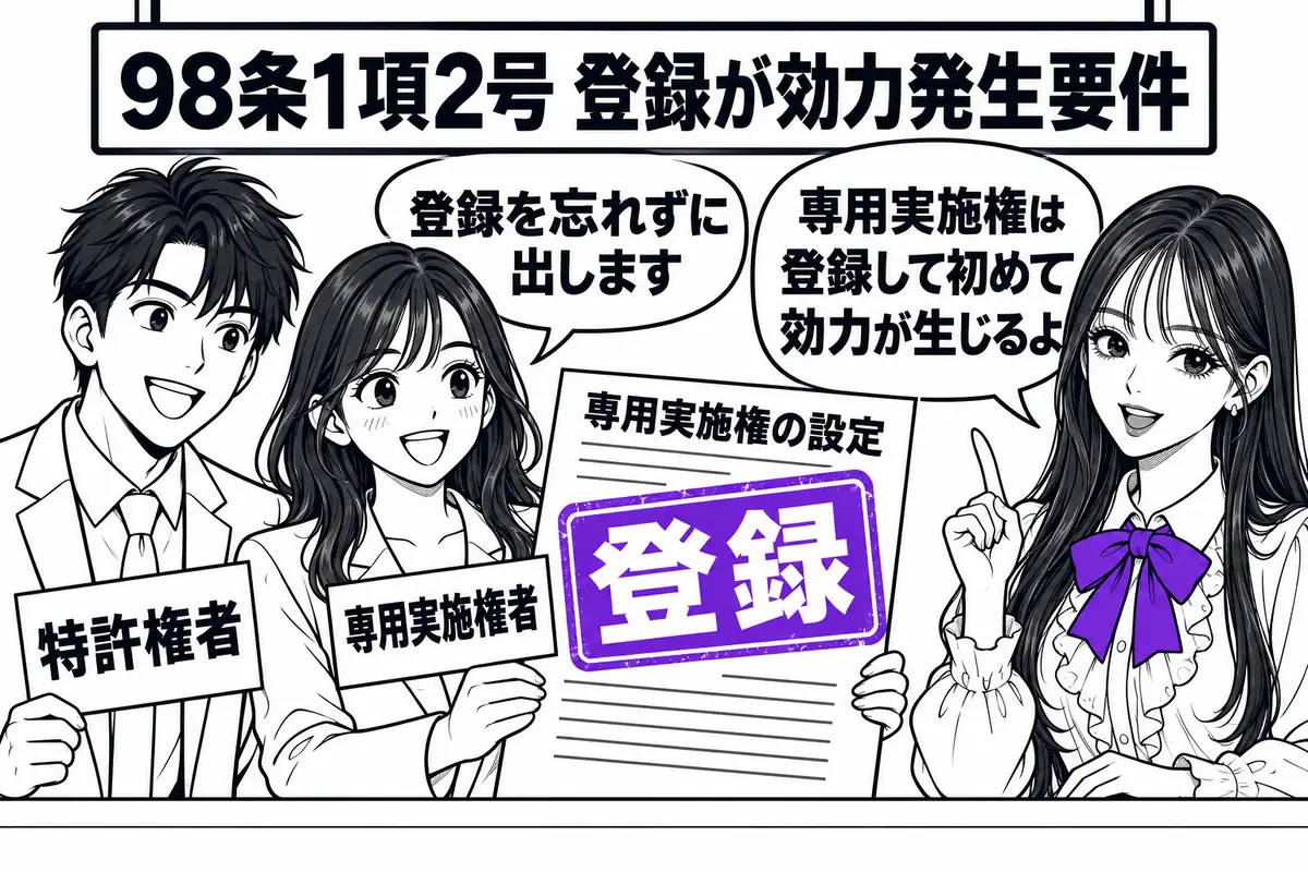 専用実施権は設定行為で定めた範囲で実施を専有し、設定は登録しなければ効力を生じない